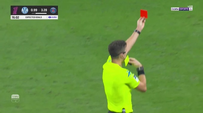 Carton rouge Timothy Weah Pour l’équipe Marseille Contre Paris-SG à la minute 77
