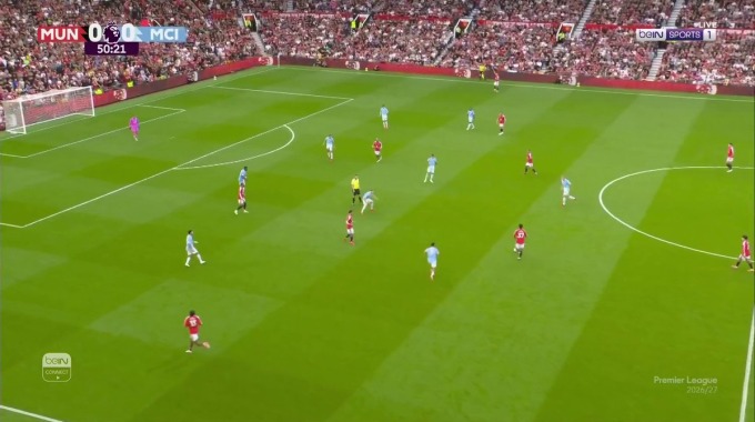Tiro al poste Kobbie Mainoo Para el equipo Man United Contra Man City en el minuto 51