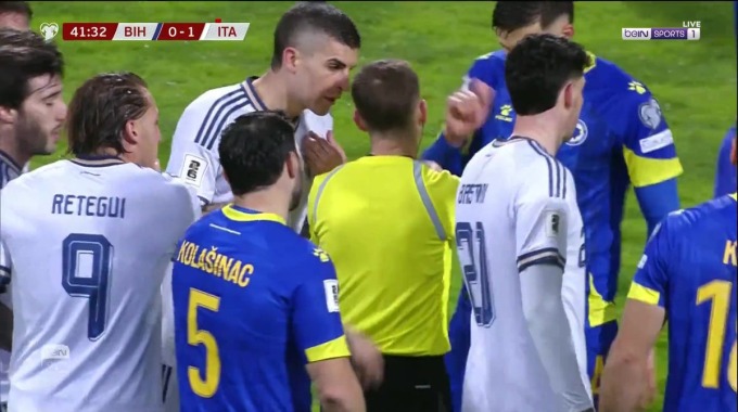Red Card Alessandro Bastoni For Team Italy Against Bosnia-Herzegovina minute 42