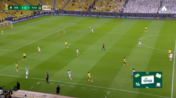كرة بالعارضة أوسكار رودريغز لفريق الدرعية بمواجهة النصر بالدقيقة 27