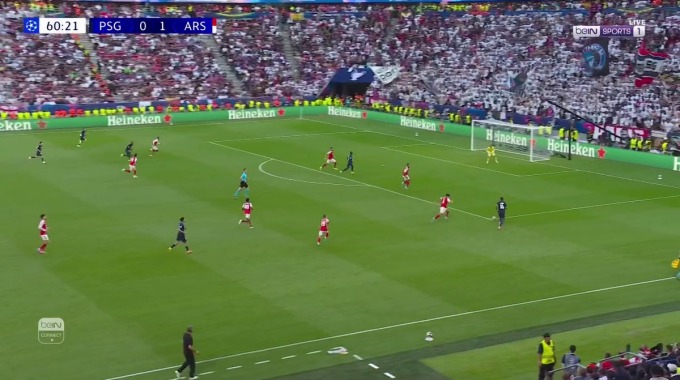 Penalti Ousmane Dembélé Para el equipo Paris-SG Contra Arsenal en el minuto 65
